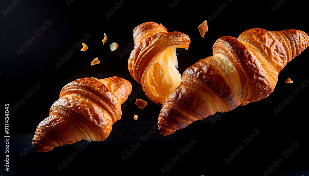 Croissants that fresh and delicious falling in the air on digital art concept, Generative AI. Croissants that fresh and delicious falling in the air on digital art concept, Generative AI.