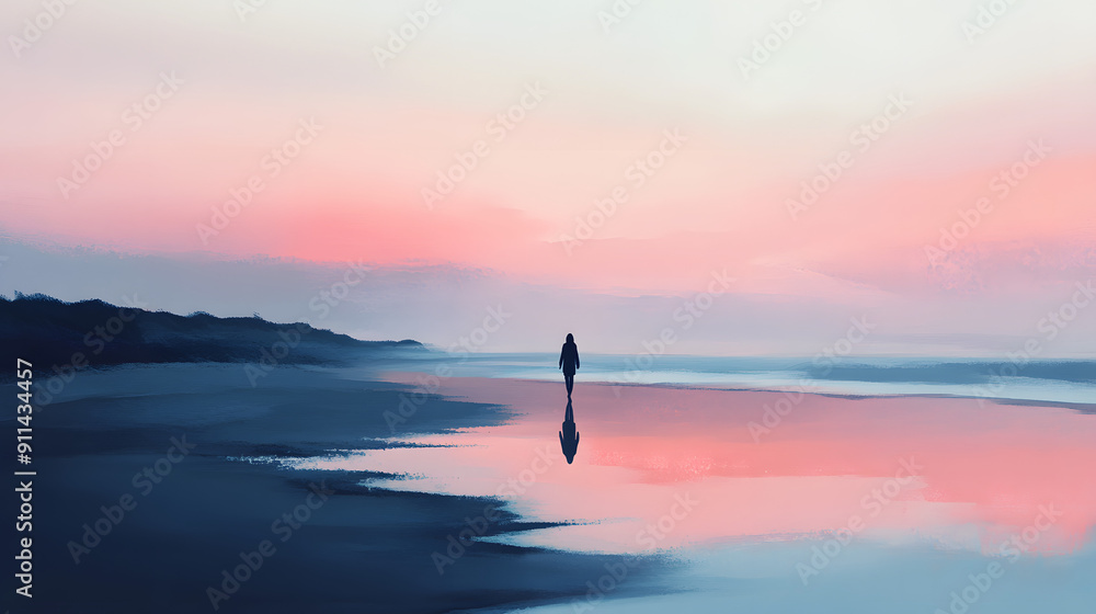 Fototapeta premium Silhouette of a person walking on a beach at sunrise with pink sky and reflections in the wet sand.
