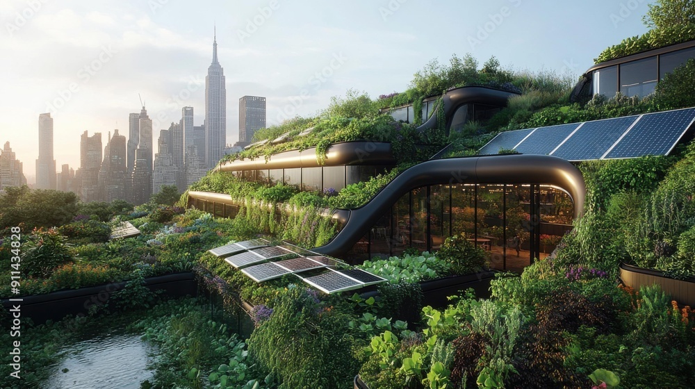 Fototapeta premium Urban Oasis: Green Roof & Solar Power Embrace Cityscape