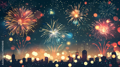 Colorful fireworks illuminate the night sky over a city skyline, creating a festive and vibrant atmosphere.