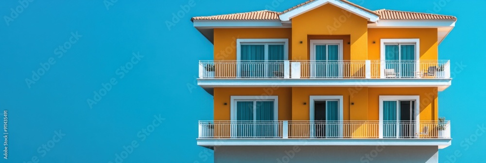 A vibrant yellow building stands prominently against a clear blue sky A vibrant yellow building stands prominently against a clear blue sky