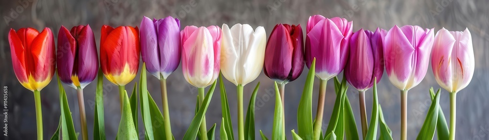 Obraz premium A vibrant arrangement of colorful tulips in a vase