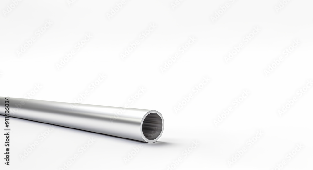 Profile of an aluminum pipe with dimensions of 50 mm in a lying position on a white background Profile of an aluminum pipe with dimensions of 50 mm in a lying position on a white background