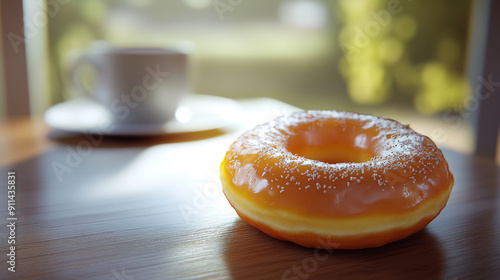 A delicious donut with a shiny glaze lies on the table, waiting to be enjoyed. photo