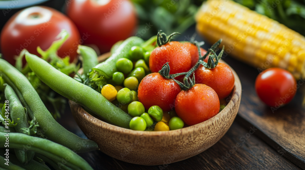 A delicious mix of tomatoes, green beans, peas and corn. It's a healthy choice for your diet. A delicious mix of tomatoes, green beans, peas and corn. It's a healthy choice for your diet.