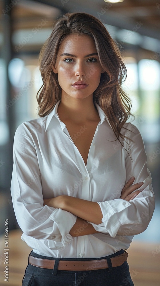 Confident young woman in crisp white shirt stands with arms crossed, exuding professionalism and poise in a modern office setting with soft lighting. Confident young woman in crisp white shirt stands with arms crossed, exuding professionalism and poise in a modern office setting with soft lighting.