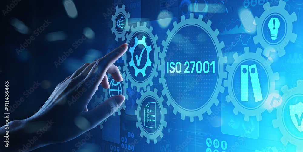 Fototapeta premium Iso 27001 Standard Standardisation Certification Customer guarantee and satisfaction Business concept on virtual screen.