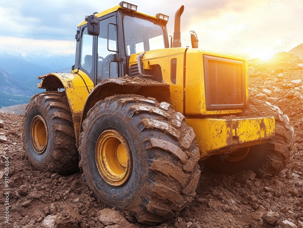 Heavy machinery is working on a construction site surrounded by dirt and rocks Heavy machinery is working on a construction site surrounded by dirt and rocks