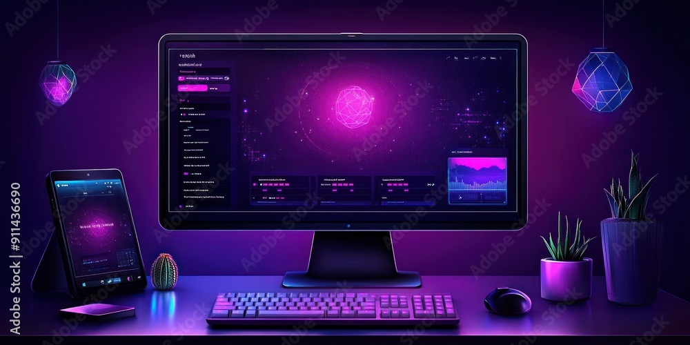 A contemporary workspace with a sleek monitor, tablet, and colorful ambient lighting A contemporary workspace with a sleek monitor, tablet, and colorful ambient lighting