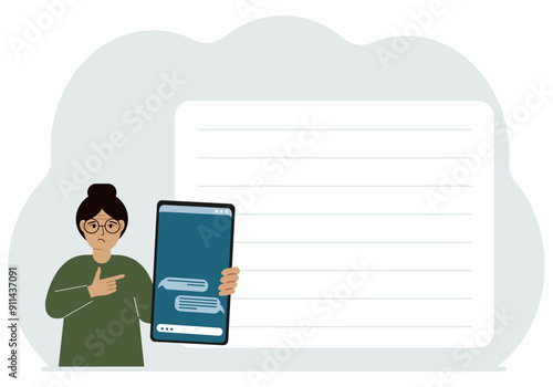 A woman holds a mobile phone with correspondence and SMS messages in his hand. Advertising, poster, place for text. Vector flat illustration.