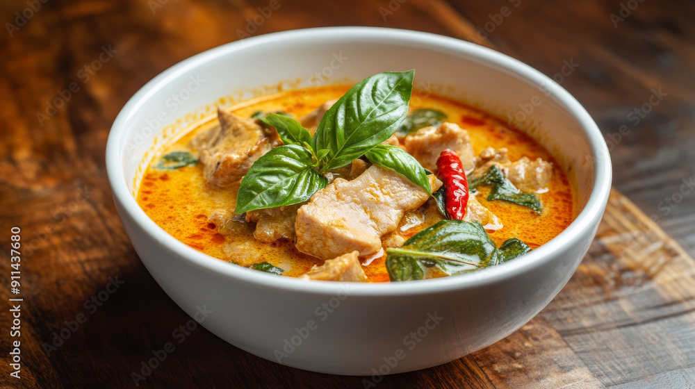 A flavorful Panang curry made with pork, served in a white bowl on a wooden table. A traditional Thai dish. A flavorful Panang curry made with pork, served in a white bowl on a wooden table. A traditional Thai dish.