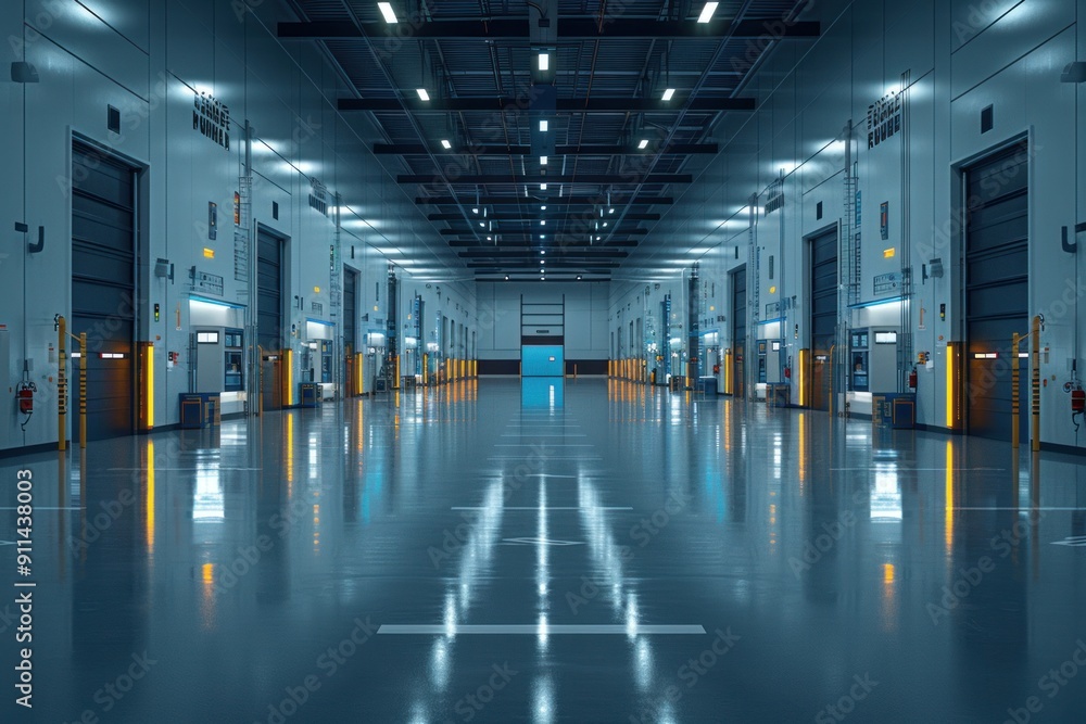 Empty warehouse interior with numerous loading bays, bright lights, and a smooth, reflective floor Empty warehouse interior with numerous loading bays, bright lights, and a smooth, reflective floor