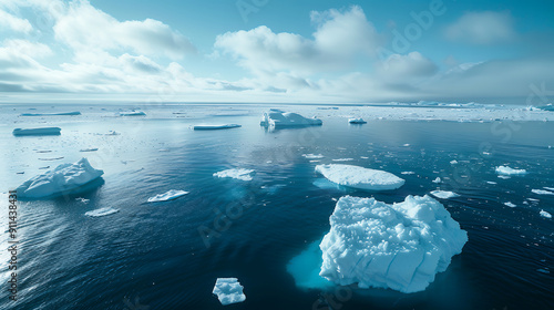 Huge blocks of ice breaking off the iceberg are floating under blue skies. Serene arctic seascape. Climate change. Environmental disaster.
