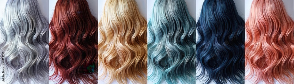 Naklejka premium Hair salon scene with array of vibrant hair extensions, highlighting styling options, beauty industry, colorful display ,The images are of high quality and clarity