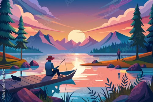 Summer fishing scene with fisherman, boat and pier on the sunrise over lake or river