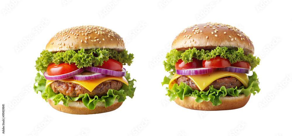 Tasty Cheeseburger Close-Up: Lettuce, Tomato, Onion on Isolated Background Tasty Cheeseburger Close-Up: Lettuce, Tomato, Onion on Isolated Background