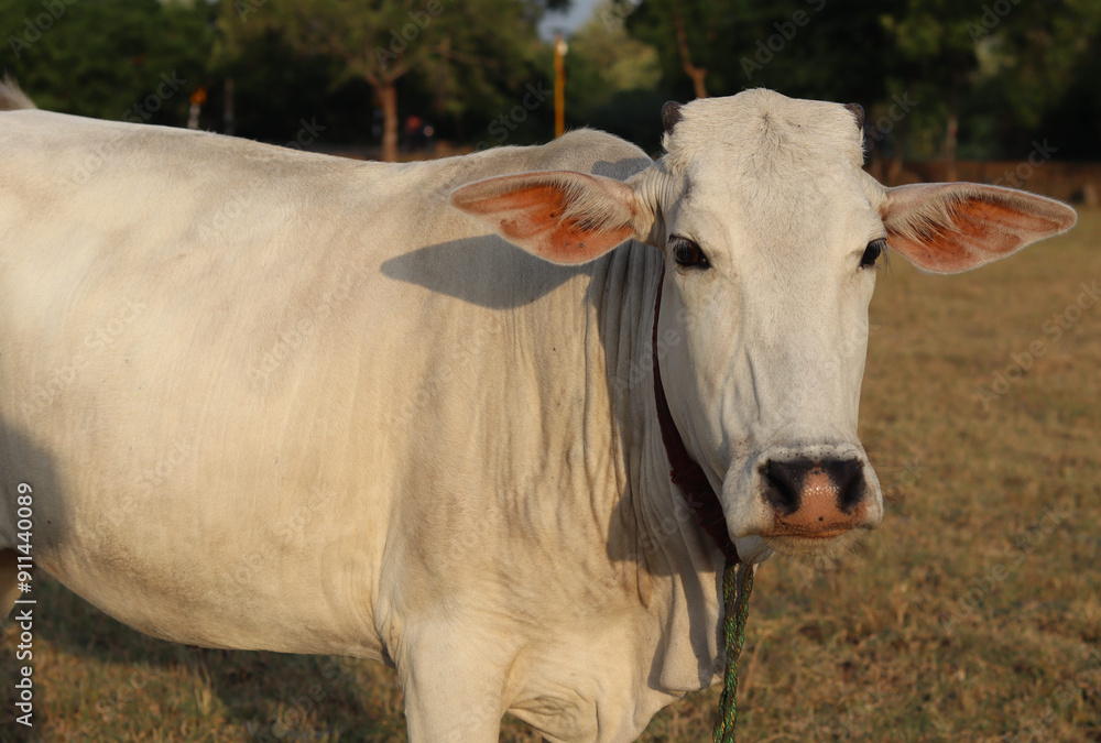 A beautiful white cow is posing in front of the camera. A beautiful white cow is posing in front of the camera.