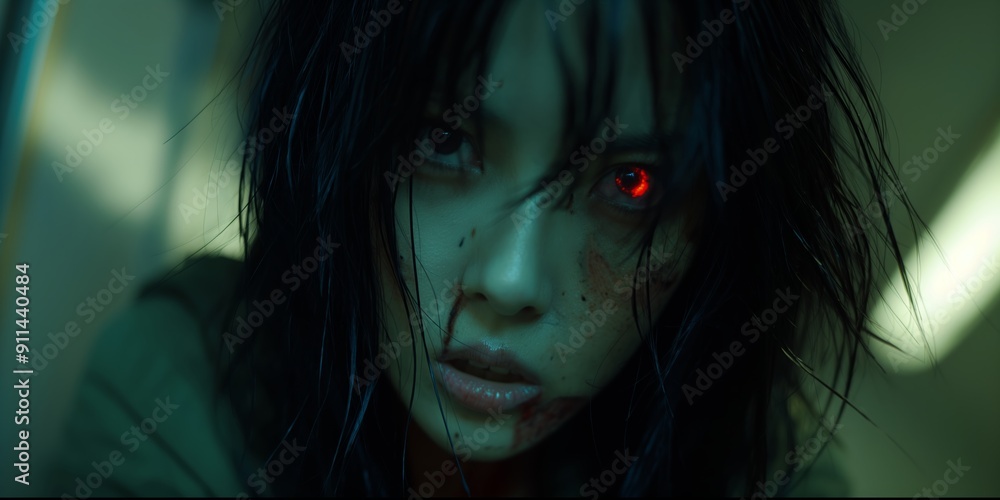 young woman with cybernetic eye, covered in blood, staring intensely at viewer. dark and moody atmosphere, combined with futuristic and cyberpunk elements, dystopia, technological augmentation young woman with cybernetic eye, covered in blood, staring intensely at viewer. dark and moody atmosphere, combined with futuristic and cyberpunk elements, dystopia, technological augmentation
