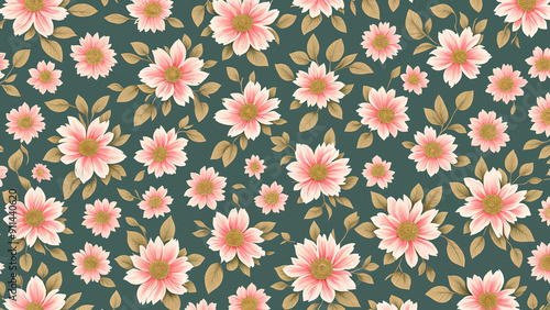 Vintage floral wallpaper: ornate pattern with antique roses and leaves, illustrated in elegant pink tones for spring and summer decor