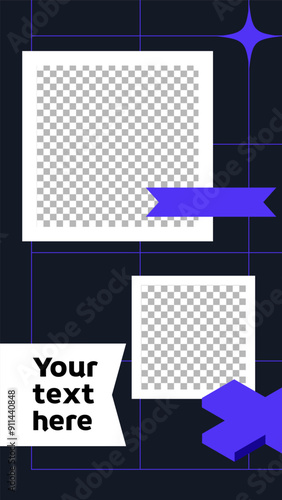 Vertical template story format frame. Neo brutalism style modern background for designs with space for text and place for photos