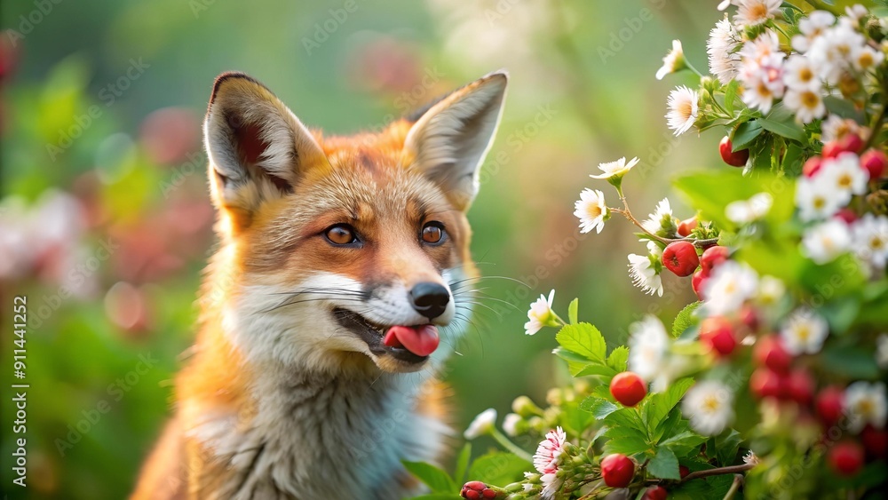 Fototapeta premium A Day at the Berry Patch: A Cheerful Red Fox Amidst Blooming Flowers AI generated