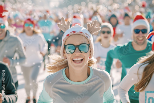 Joyful runners in festive attire, celebrating Christmas charity race, happy participants, holiday event, Christmas charity race concept.