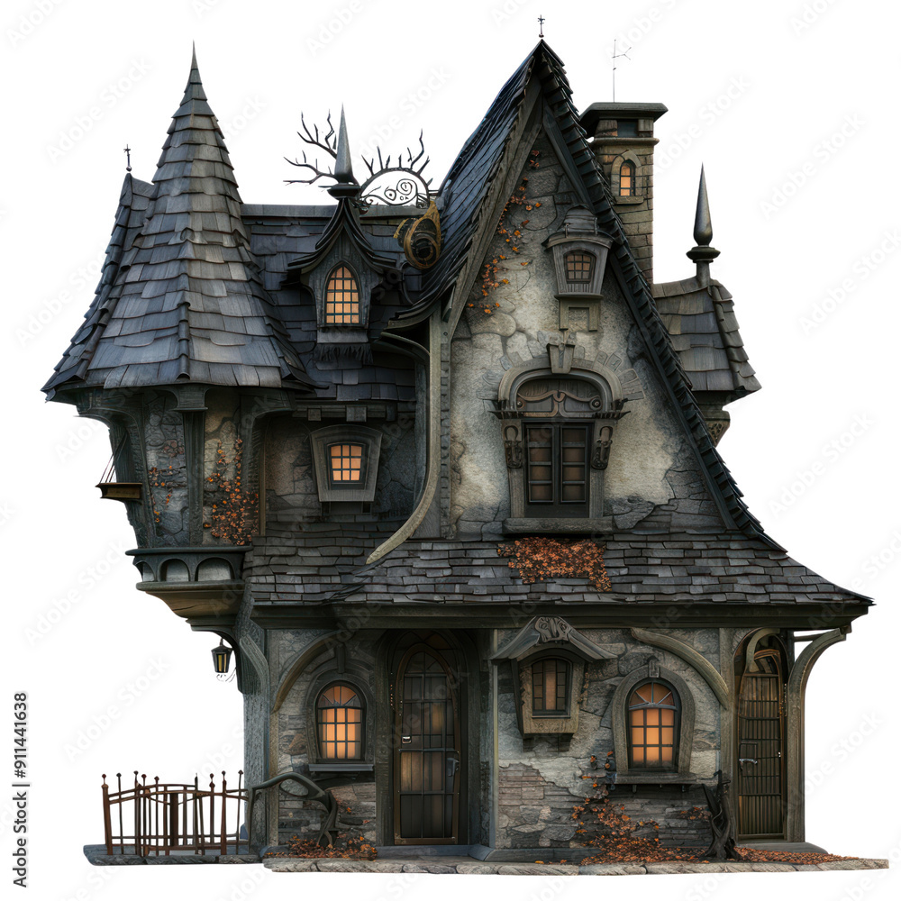 A creepy old house with a steeple and a creepy looking window A creepy old house with a steeple and a creepy looking window