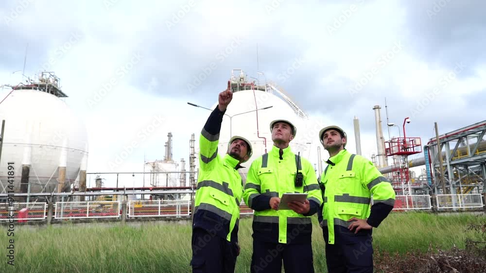 Male professional expert with team of male engineer standing with arms crossed with tablet working inspecting maintenance system and training oil refinery at column tank oil of Petrochemistry industry Male professional expert with team of male engineer standing with arms crossed with tablet working inspecting maintenance system and training oil refinery at column tank oil of Petrochemistry industry