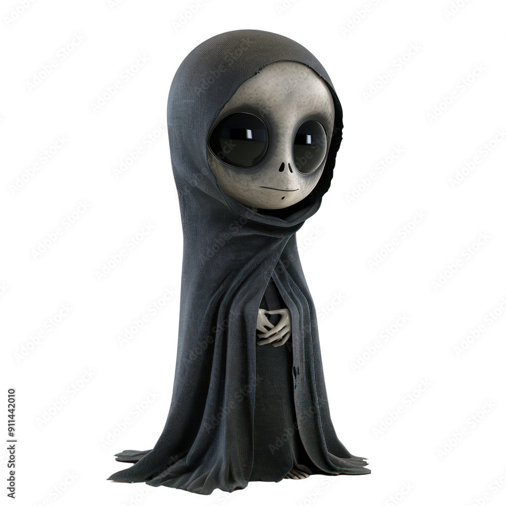 A small, creepy looking creature is wearing a black cloak A small, creepy looking creature is wearing a black cloak