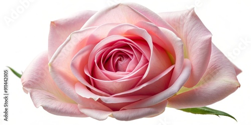 Delicate pink rose petals unfolding from a tight bud, showcasing intricate details and soft, gentle texture, isolated against a pure white studio background.