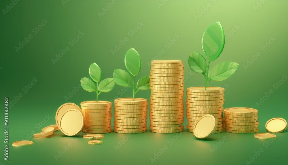 Growth concept featuring piles of coins with green leaves, symbolizing investment, wealth, and prosperity in a vibrant setting. Growth concept featuring piles of coins with green leaves, symbolizing investment, wealth, and prosperity in a vibrant setting.
