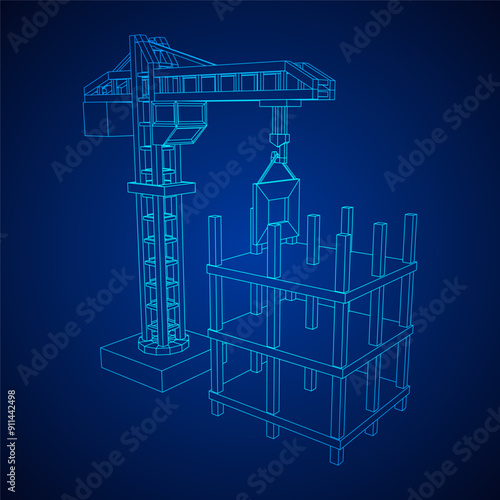 Construction crane tower. Building under construction industrial concept. Wireframe low poly mesh vector illustration.