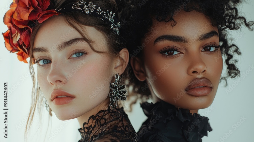 Close-up Portrait Head shot women young two models with different skin and hair colors. multiracil diverse Close-up Portrait Head shot women young two models with different skin and hair colors. multiracil diverse