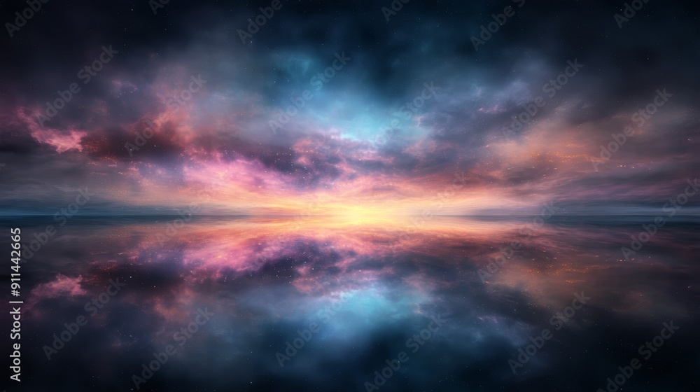 A surreal sunset over a calm, reflective ocean with vibrant, ethereal clouds. The sky is a mix of pink, blue, and purple, creating a breathtaking scene. A surreal sunset over a calm, reflective ocean with vibrant, ethereal clouds. The sky is a mix of pink, blue, and purple, creating a breathtaking scene.