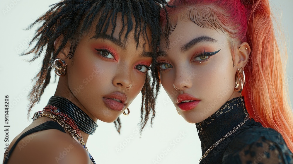 Close-up Portrait Head shot women young two models with different skin and hair colors. multiracil diverse Close-up Portrait Head shot women young two models with different skin and hair colors. multiracil diverse