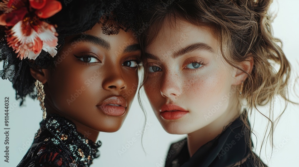 Close-up Portrait Head shot women young two models with different skin and hair colors. multiracil diverse Close-up Portrait Head shot women young two models with different skin and hair colors. multiracil diverse