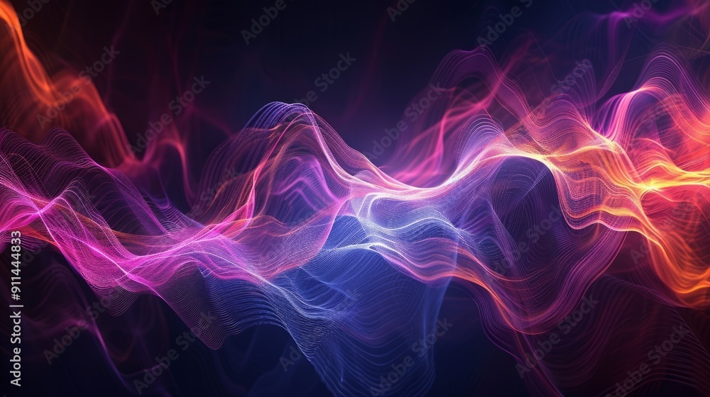 Abstract background with flowing, luminous lines of vibrant pink, orange, and blue hues against a dark background. Abstract background with flowing, luminous lines of vibrant pink, orange, and blue hues against a dark background.