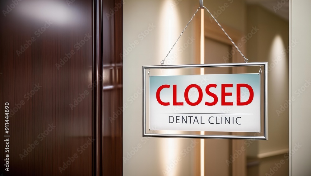 closed sign hangs on the door of a dental clinic, indicating that the ...