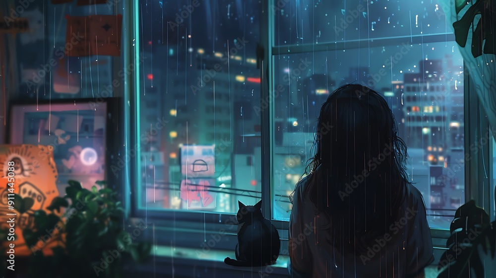 Rainy Night Window View with a Woman and Cat Rainy Night Window View with a Woman and Cat