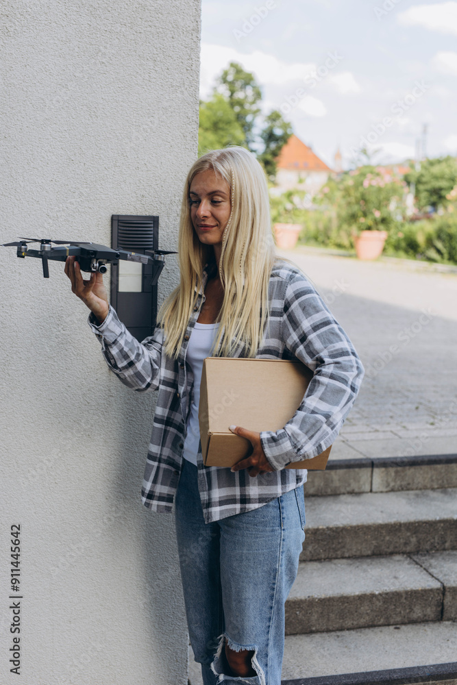 Fast and safe delivery. A drone delivers a gift to a girl, contactless delivery Fast and safe delivery. A drone delivers a gift to a girl, contactless delivery