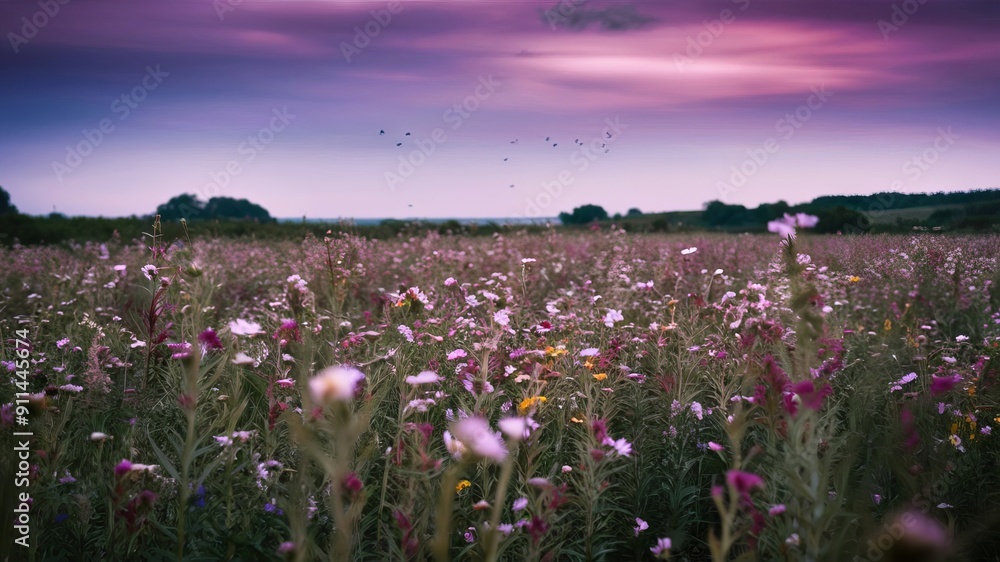 The image depicts a vibrant field of wildflowers in full bloom under a purple-pink sunset sky. The image depicts a vibrant field of wildflowers in full bloom under a purple-pink sunset sky.
