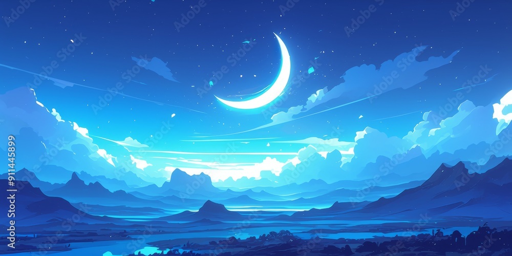Obraz premium Enchanting Moonlit Mountain Landscape: Dreamy Night Sky with Crescent Moon and Clouds. Serene Hillside Silhouettes under Starry Heavens. Anime-inspired Cartoon Scenery for Creative Marketing. 4K Vecto