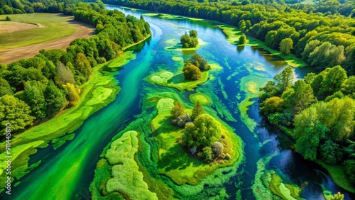 Amazing blooming algae on green river, aerial view 