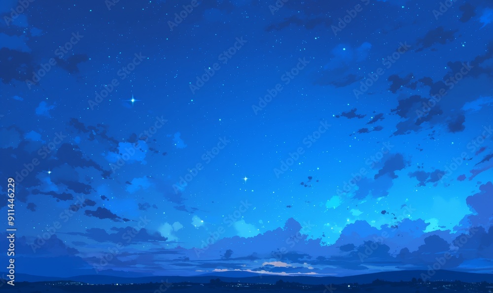 Fototapeta premium Enchanting Moonlit Mountain Landscape: Dreamy Night Sky with Crescent Moon and Clouds. Serene Hillside Silhouettes under Starry Heavens. Anime-inspired Cartoon Scenery for Creative Marketing. 4K Vecto
