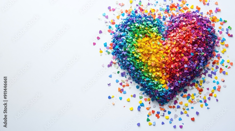 Bright rainbow-colored heart of confetti on a white background, ideal for celebratory and inclusive designs with text space. Bright rainbow-colored heart of confetti on a white background, ideal for celebratory and inclusive designs with text space.