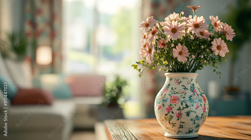 Depict a beautifully crafted ceramic vase with delicate floral patterns, filled with a fresh bouquet of flowers, placed on a wooden table in a cozy living room, emphasizing traditional craftsmanship Depict a beautifully crafted ceramic vase with delicate floral patterns, filled with a fresh bouquet of flowers, placed on a wooden table in a cozy living room, emphasizing traditional craftsmanship