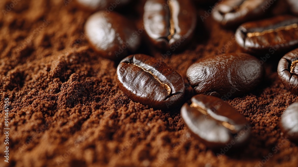 Close-up of roasted coffee beans and ground coffee, arranged aesthetically on a smooth surface. Ideal for highlighting the richness of coffee. Close-up of roasted coffee beans and ground coffee, arranged aesthetically on a smooth surface. Ideal for highlighting the richness of coffee.