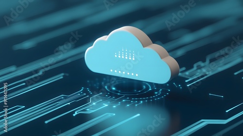 3D cloud icon on blue digital background, representing data storage and cloud computing technology.