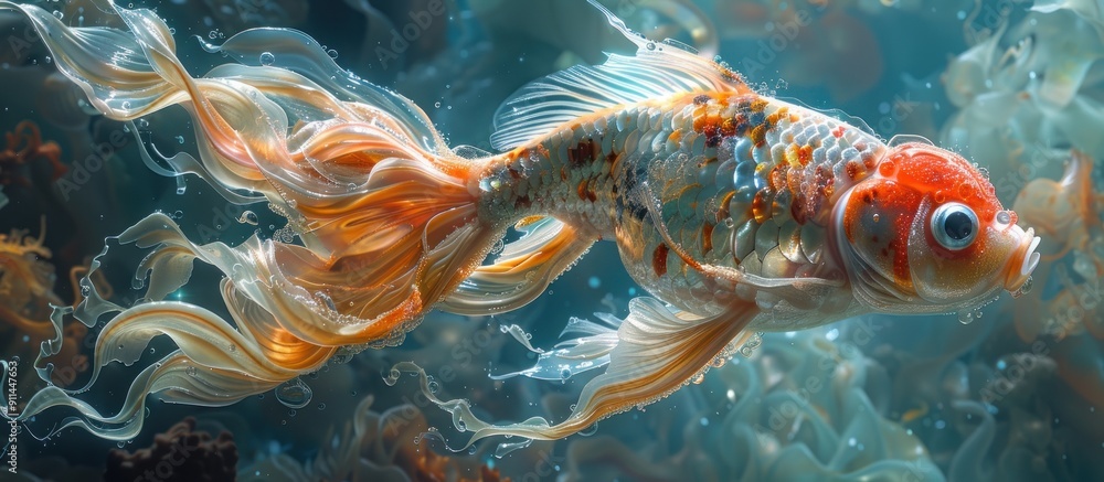 Goldfish Underwater with Flowing Fins Goldfish Underwater with Flowing Fins
