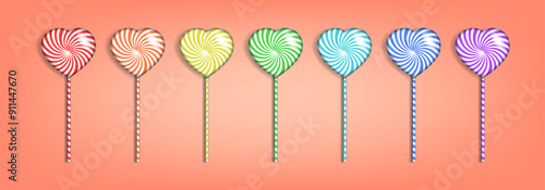 Vector colored iridescent candy poster. 3d rainbow heart swirl candies or lollipops with shadows. Sweet food for children and lovers. Peach background.